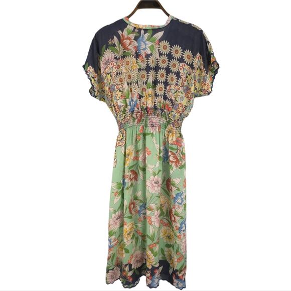 Johnny Was Floral Silk Midi Dress with Smocked Waist - Picture 5 of 10